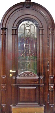 Арочная металлическая дверь массив со стеклом и ковкой ДА-50 в Мурино