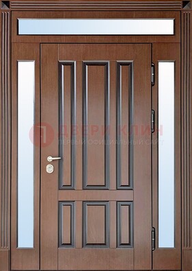 Железная дверь со стеклом и фрамугами в коричневом цвете ДФГ-8 в Мурино
