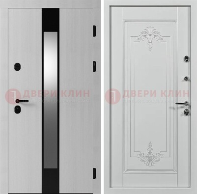 Белая металлическая дверь МДФ с зеркальной вставкой ДМ-324 в Мурино