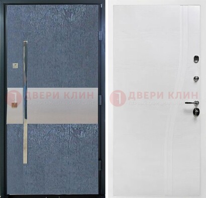 Синяя входная дверь МДФ с серебряной вставкой ДМ-330 в Мурино