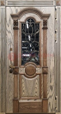 Железная дверь с массивом дуба со стеклом и ковкой ДМД-47 в Мурино