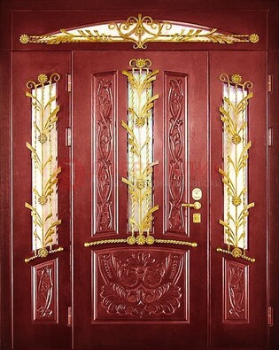 Бордовая железная парадная дверь со стеклом и ковкой ДПР-75 в Мурино