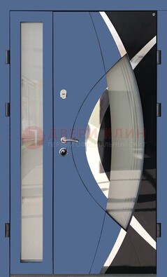 Синяя металлическая дверь со стеклом и узором ДС-13 в Мурино