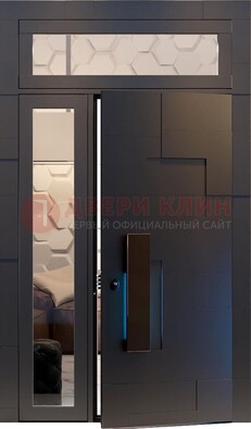 Чёрная двухстворчатая металлическая дверь со стеклом ДС-64 в Мурино