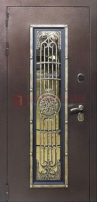 Железная дверь цвета медный антик со стеклом и ковкой ДСК-105 в Мурино