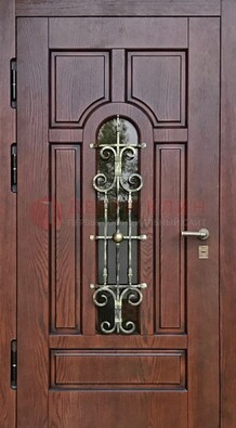 Cтальная дверь со стеклом и ковкой в коричневом цвете ДСК-119 в Мурино