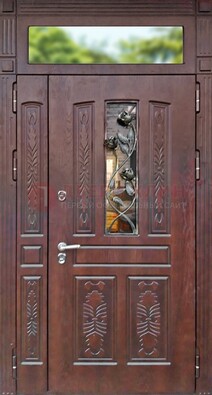 Коричневая железная дверь со стеклом и ковкой на улицу ДСК-127 в Мурино