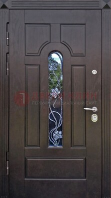 Металлическая дверь со стеклом и ковкой в цвете венге ДСК-142 в Мурино