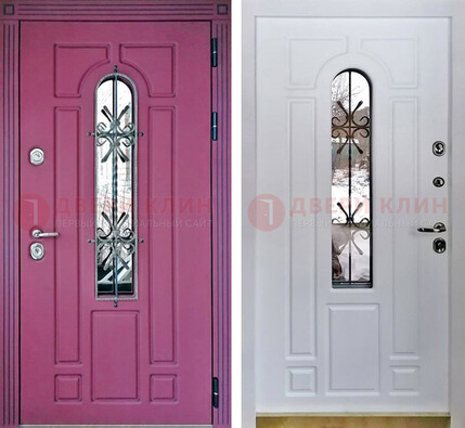 Розовая металлическая дверь со стеклом и ковкой ДСК-151 в Мурино