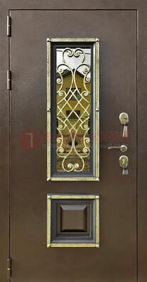 Входная дверь порошок со стеклом и ковкой для коттеджа ДСК-166 в Мурино