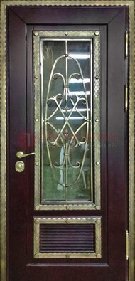 Темная уличная дверь порошок со стеклом и ковкой ДСК-167 в Мурино