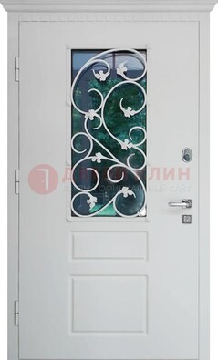 Белая металлическая дверь винорит со стеклом и ковкой ДСК-184 в Мурино