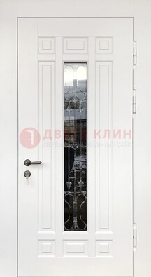Белая стальная дверь винорит со стеклом и ковкой ДСК-191 в Мурино