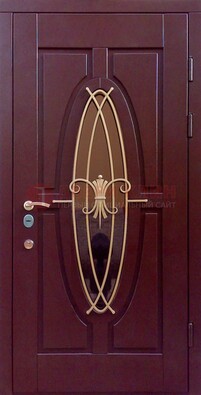 Бордовая стальная дверь Винорит со стеклом и ковкой ДСК-263 в Мурино