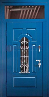 Синяя железная филенчатая дверь со стеклом и ковкой ДСК-97 в Мурино