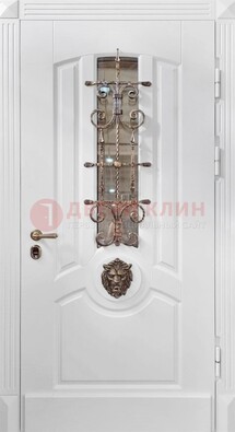 Белая металлическая дверь с виноритом и стеклом с ковкой ДВТ-165 в Мурино
