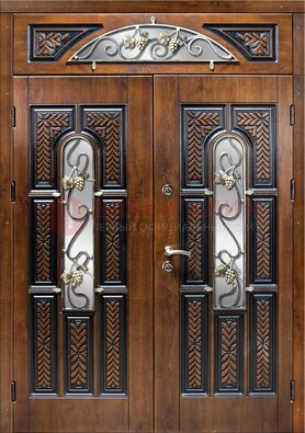 Входная двухстворчатая дверь с виноритом и ковкой ДВТ-183 в Мурино