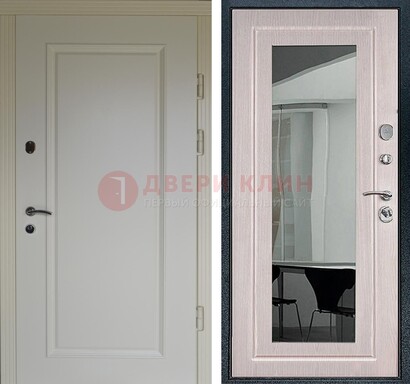 Стальная светлая дверь c МДФ Белый дуб с зеркалом ДЗ-102 в Черноголовке