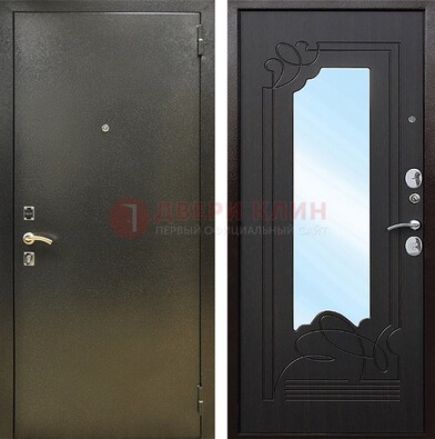 Железная темная дверь c порошковым напылением и МДФ с узором и зеркалом ДЗ-111 в Мурино