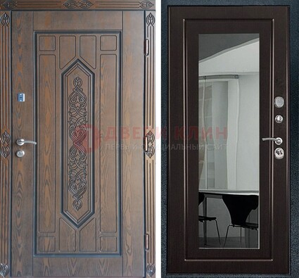 Уличная коричневая дверь c виноритом и МДФ Венге с зеркалом ДЗ-116 в Мурино