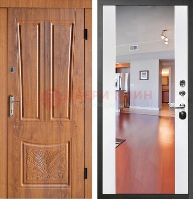 Входная коричневая дверь терморазрыв c виноритом и белая МДФ c зеркалом ДЗ-123 в Мурино