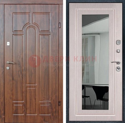 Входная коричневая дверь с МДФ Белый дуб и зеркалом ДЗ-126 в Мурино