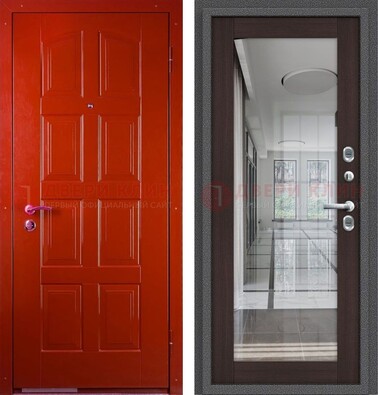 Красная металлическая дверь с МДФ и зеркалом ДЗ-136 в Мурино