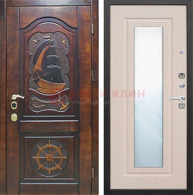 Темная дверь с резьбой и зеркалом внутри ДЗ-49 в Мурино