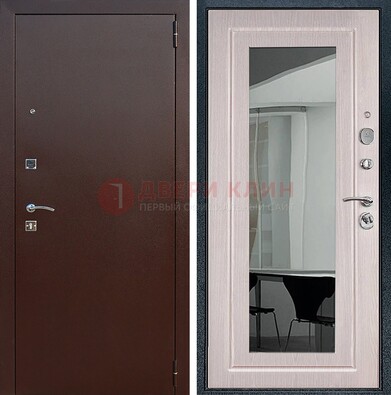 Входная дверь с порошковым напылением Медный антик/Белый дуб с зеркалом ДЗ-63 в Мурино