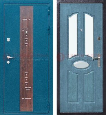 Голубая металлическая дверь МДФ с тремя зеркальными вставками ДЗ-78 в Кубинке