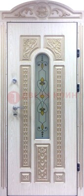 Белая железная дверь с МДФ и витражом ВЖ-26 в Мурино