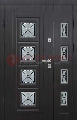 Чёрная двухстворчатая железная дверь с МДФ и витражом ВЖ-35 в Мурино