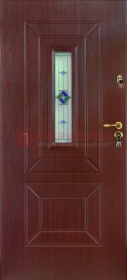 Бордовая железная дверь с витражом и отделкой массив ВЖ-3 в Мурино