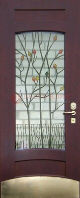 Бордовая стальная дверь с витражом и декоративным элементом ВЖ-3 в Мурино